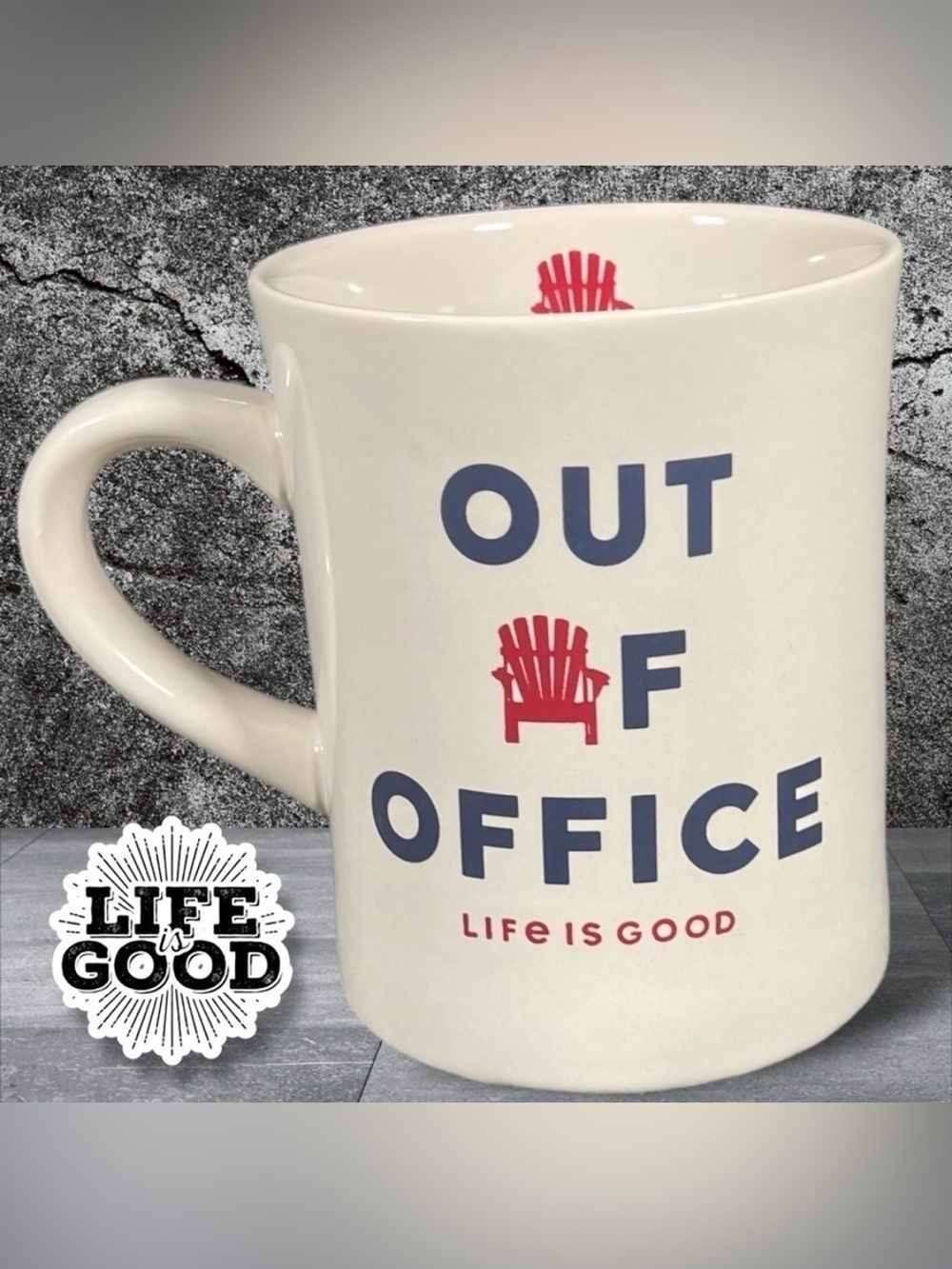 Life is Good Adirondack Out of Office Beach Vacation Diner Mug Red White & Blue